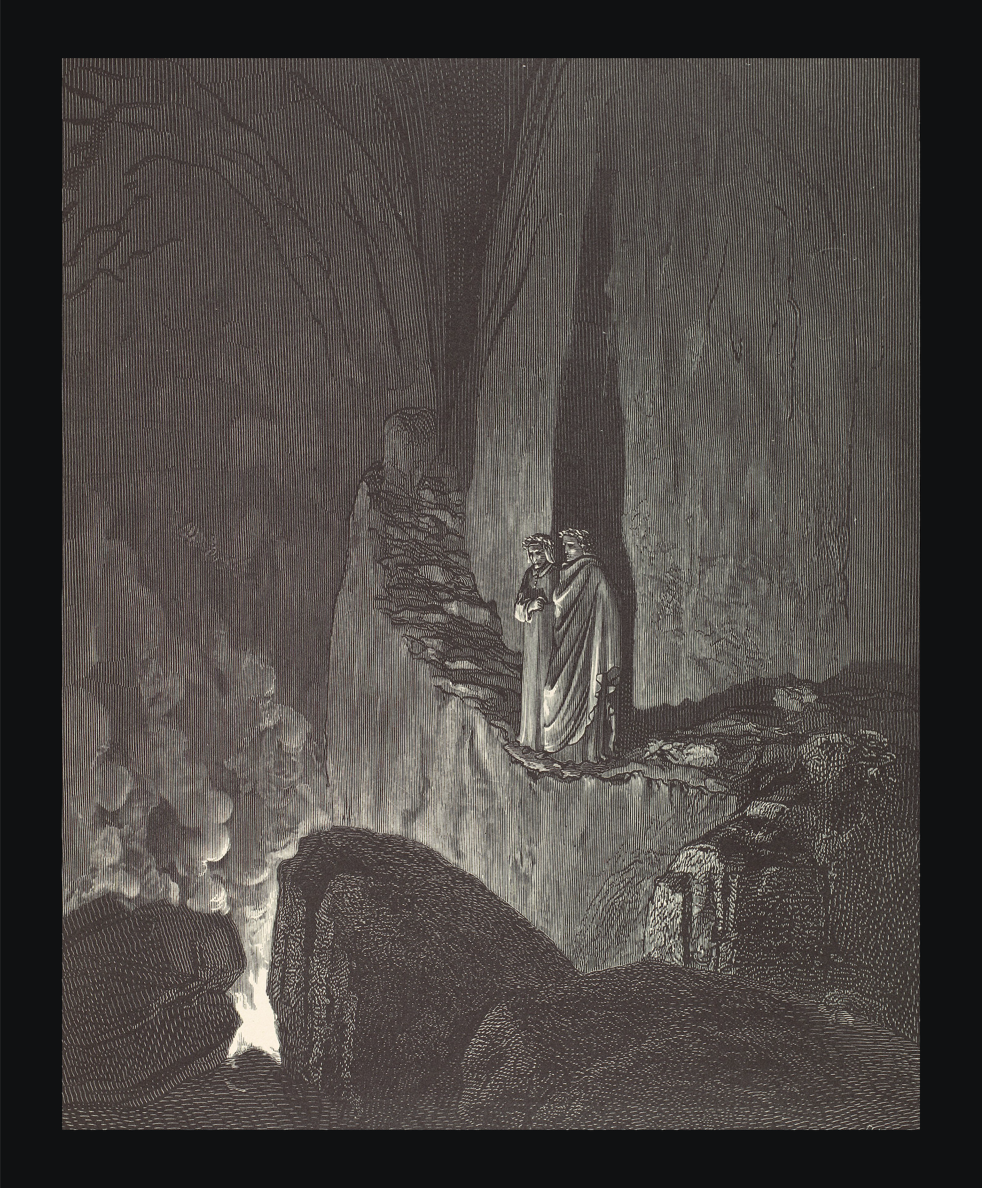 Historic engraving depicting Dante and Virgil in the eighth circle of Hell.