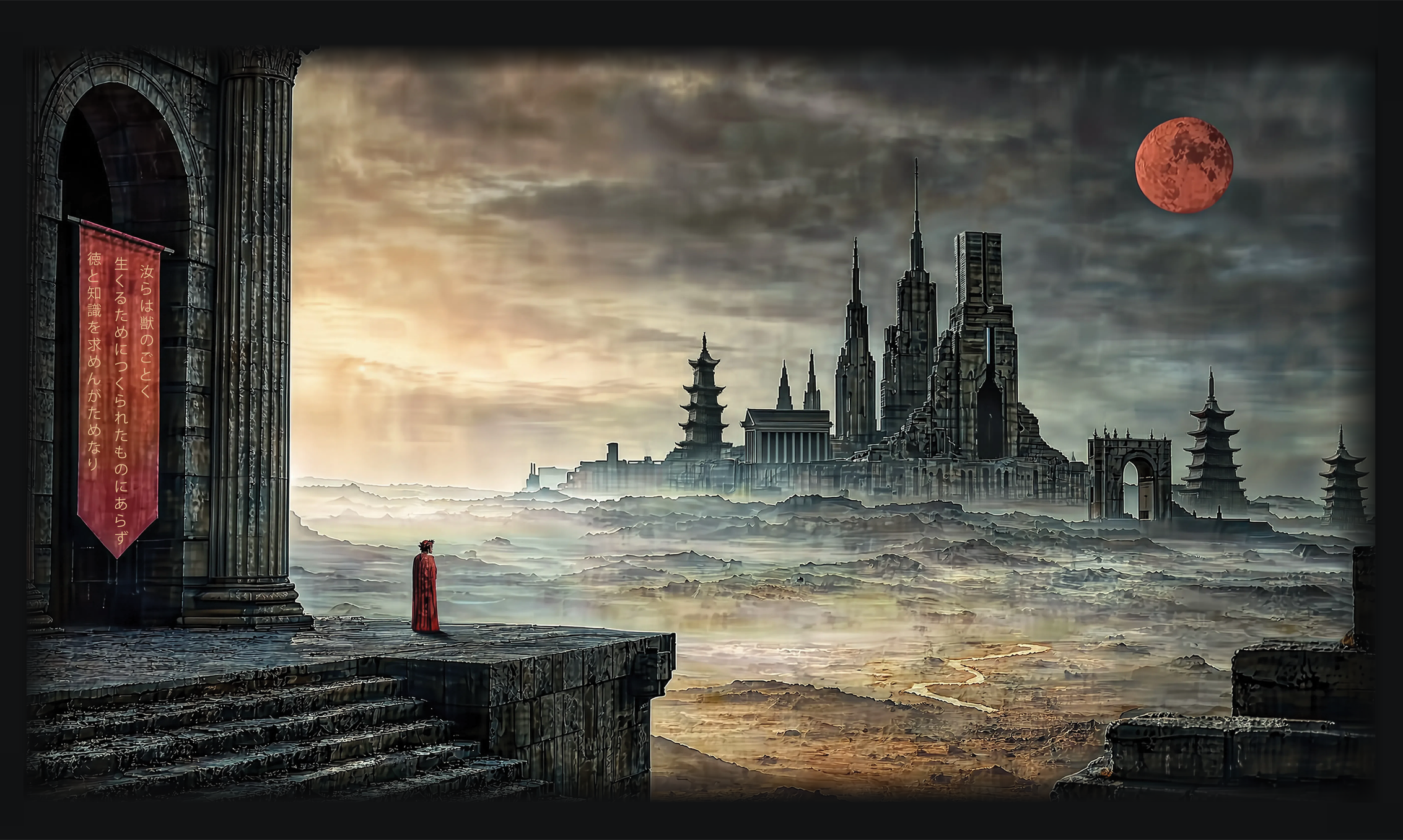 A red-cloaked figure looks across a dreamlike landscape toward a distant city beneath a red moon.